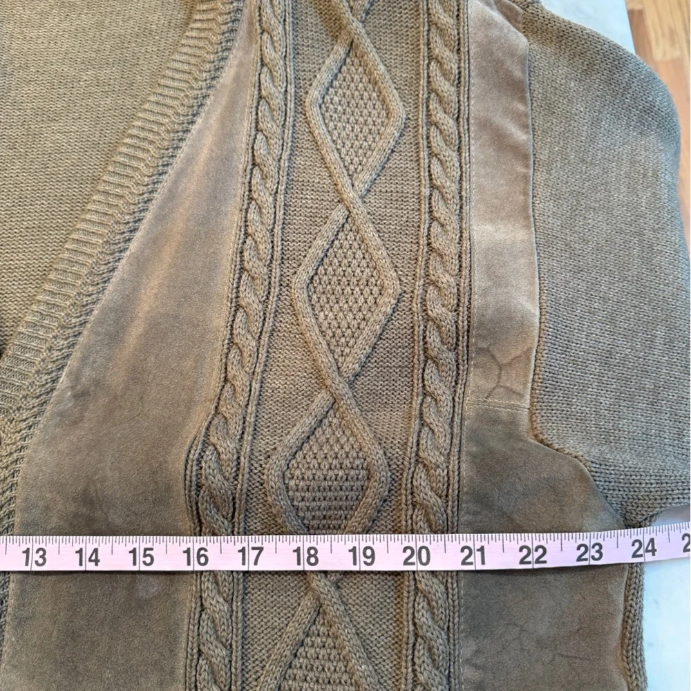 Norm Thompson Tan Suede Trim Wool Cable Knit Grandpa Cardigan Vintage Size L